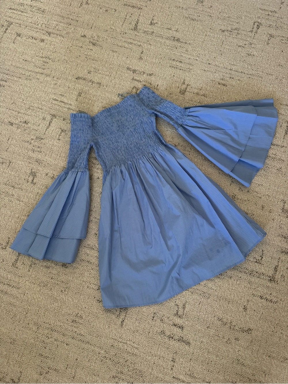 Chelsea28 Blue Striped Off-Shoulder Dress with Bell Sleeves